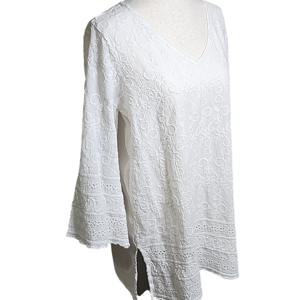 White Embroidered V-Neck Long Length Tunic Side Slits Women's Top Eyelete L - Picture 3 of 9